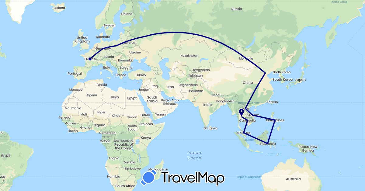 TravelMap itinerary: driving in China, Germany, France, Indonesia, Laos, Mongolia, Malaysia, Philippines, Poland, Russia, Thailand (Asia, Europe)